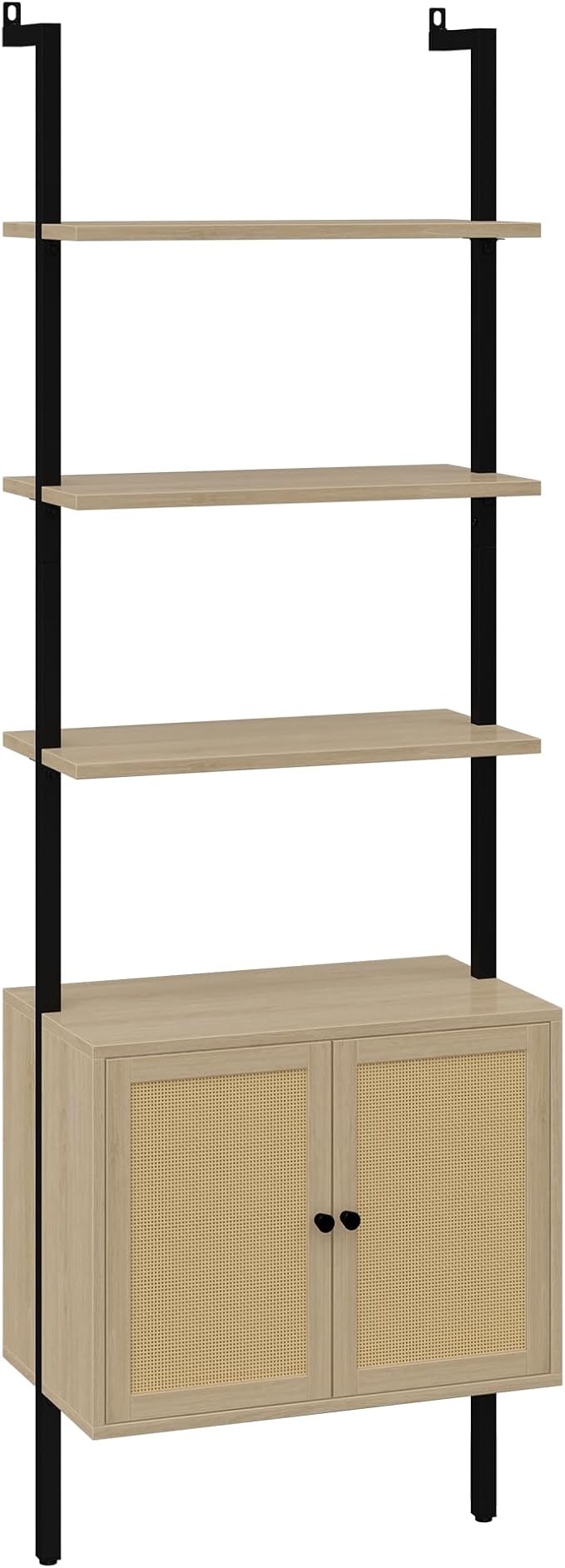 Yusong 73" Tall Bookshelf with Cabinet, Industrial Ladder Wall Mount Shelf Rattan Bookcase with Wood and Metal Frame, Plant Shelf Wall Storage Display for Living Room Bedroom,Light Ivory Brown