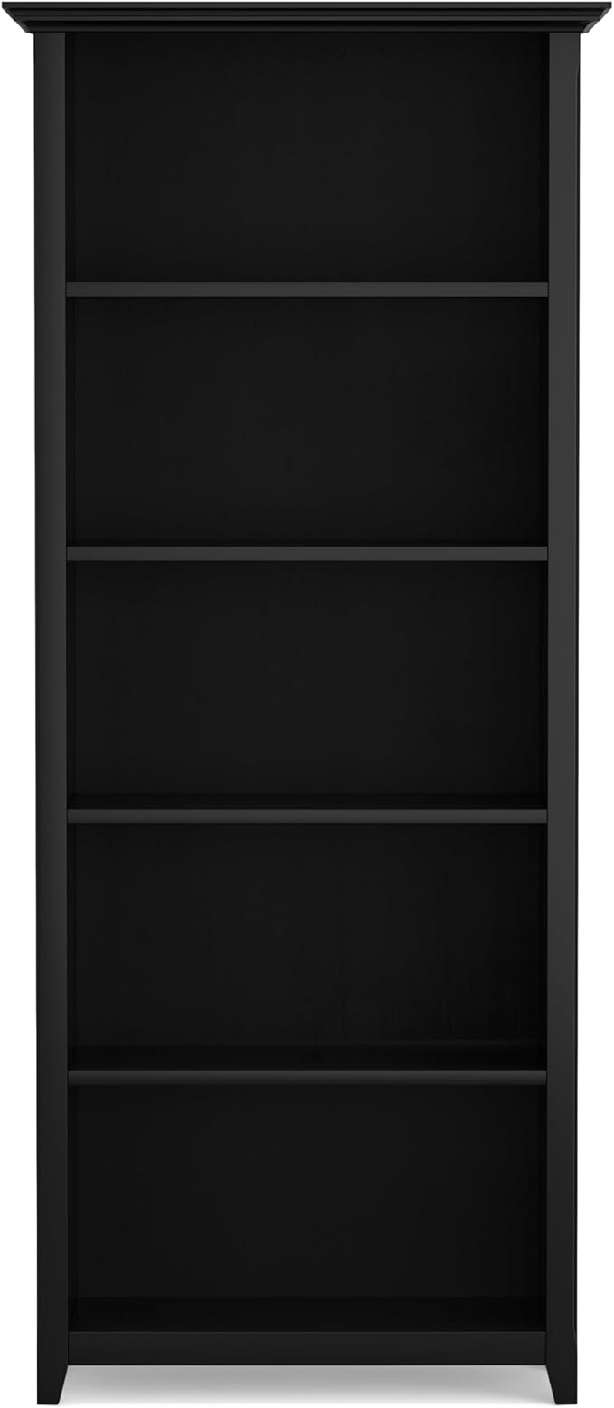 SIMPLIHOME Amherst Bookcase - 70 inch Tall 5-Shelf Solid Wood Bookshelf in Black, Transitional Storage for Living Room, Study Room or Office with Adjustable Shelves and Tapered Legs