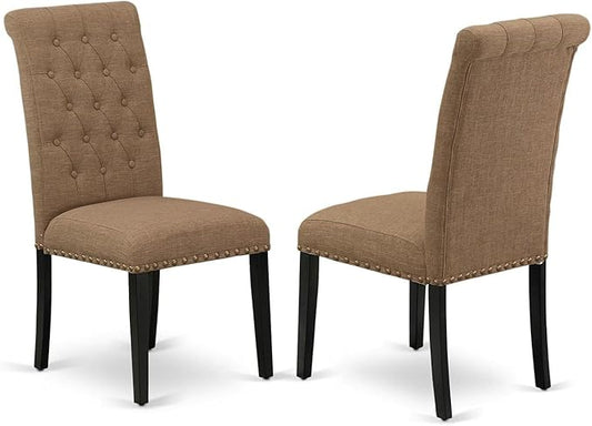 East West Furniture BRP1T17 Bremond Parson Dining Room Chairs - Button Tufted Nailhead Trim Light Sable Linen Fabric Padded Chairs, Set of 2, Black