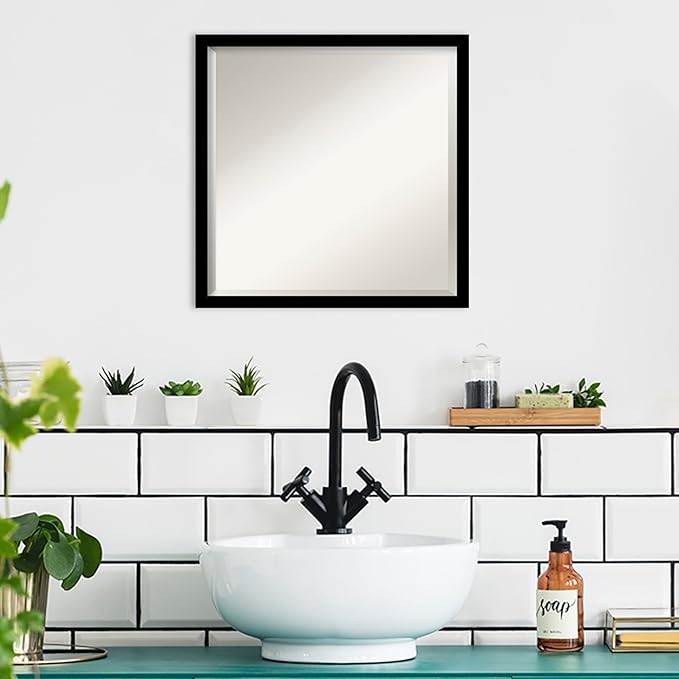 Amanti Art Black Bathroom Mirror for Over Sink, 22x22 Jet Black Square Vanity Mirror, Medium Modern Contemporary Frame, Hangs Horizonally and Vertically, Bathroom Wall Decor, Beveled Edge