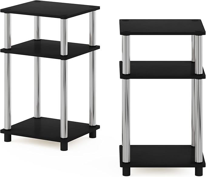 Furinno Simplistic End Side Night Stand/Bedside Table with Stainless Steel Tubes, 2-Pack, 2-Tier Poles, Americano/Chrome