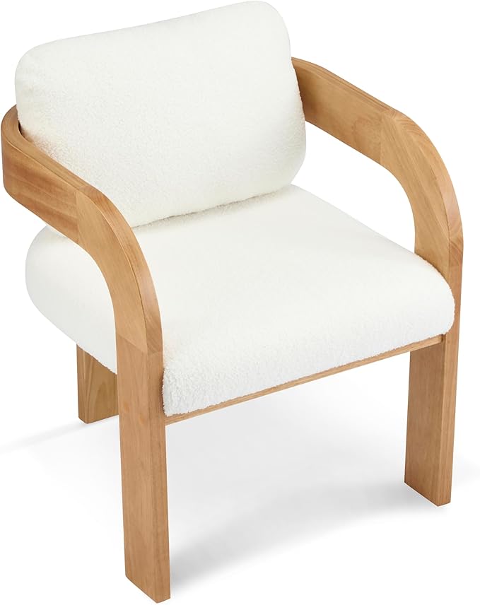 Christopher Knight Home Yorick Modern Boucle Dining Chair Set of 2 with Cushion, Solid Wood Dining Room Armchair Set, Curved Backrest Kitchen Side Chair, Living Room Comfy Extra Seat, Natural+White