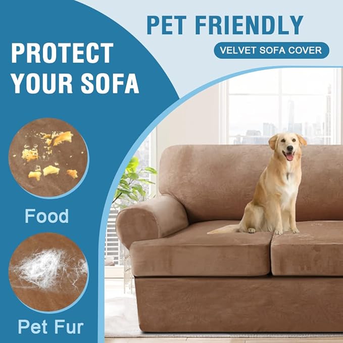 H.VERSAILTEX Sofa Cover 3 Piece T Cushion Loveseat Slipcovers Thick Velvet Couch Cover Furniture Protector Stretch T Cushion Sofa Covers for 2 Cushion Couch with 2 Individual T Cushion Covers, Camel