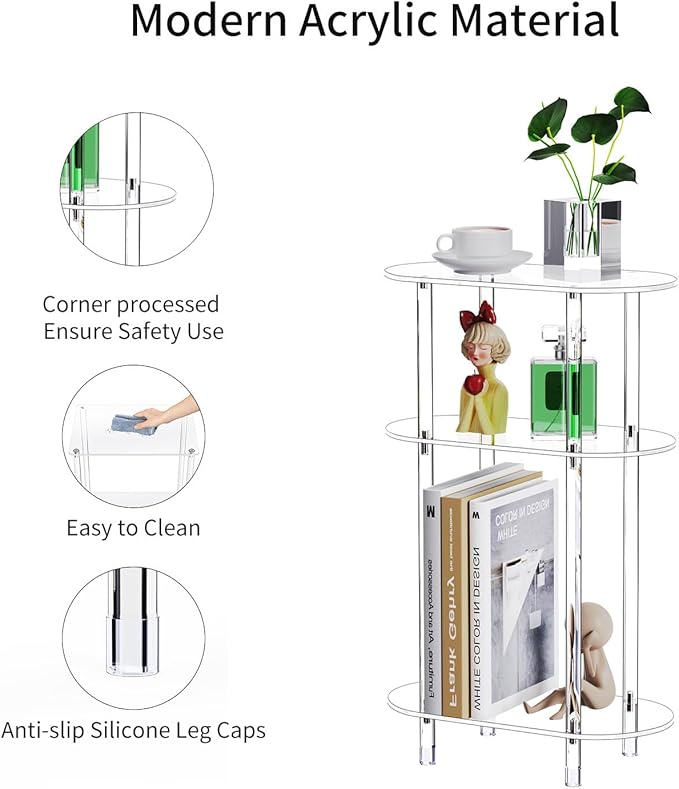 Clear Acrylic Narrow Side Table Set of 2 for Small Spaces, 15.75" L x 7.87" W x 24.6" H, 3 Tier Oval Slim End Table Nightstand, Small Skinny Bedside Table for Bedroom, Bathroom, Living Room