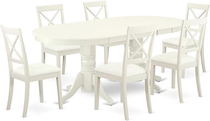 East West Furniture VABO7-LWH-LC 7 Piece Dining Table Set Consist of an Oval Dinner Table with Butterfly Leaf and 6 Faux Leather Dining Room Chairs, 40x76 Inch, Linen White
