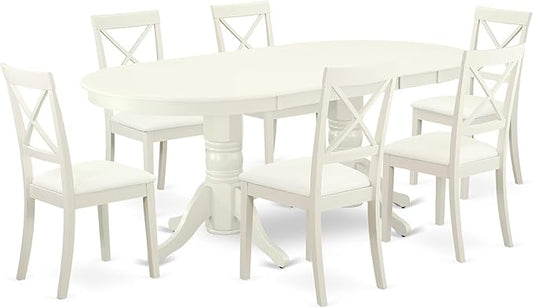 East West Furniture VABO7-LWH-LC 7 Piece Dining Table Set Consist of an Oval Dinner Table with Butterfly Leaf and 6 Faux Leather Dining Room Chairs, 40x76 Inch, Linen White