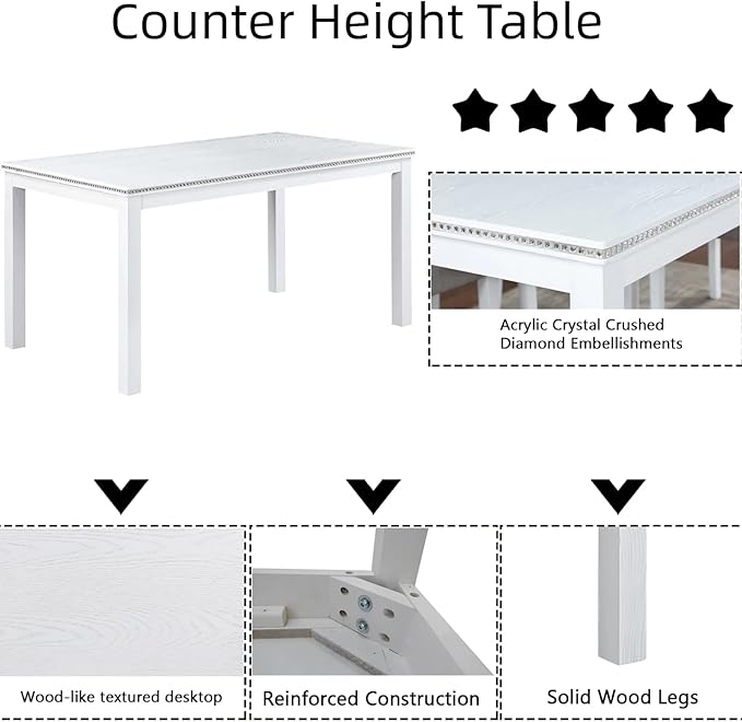 Dining Table Set for 5, 6 Piece Dining Room Table Set with Rectangular Crystal Decoration Table, 4 Upholstered Backrest Chairs and Bench, Counter Height Kitchen Sets with MDF Tabletop, White