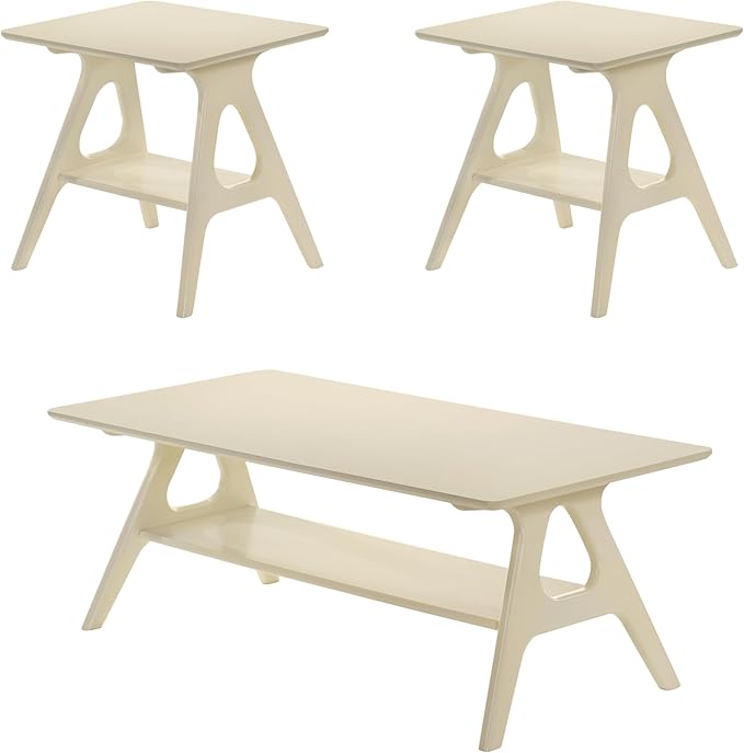 Roundhill Furniture Arona 3-Piece Coffee Table Set, Coffee Table and Two End Tables, Off-White Finish