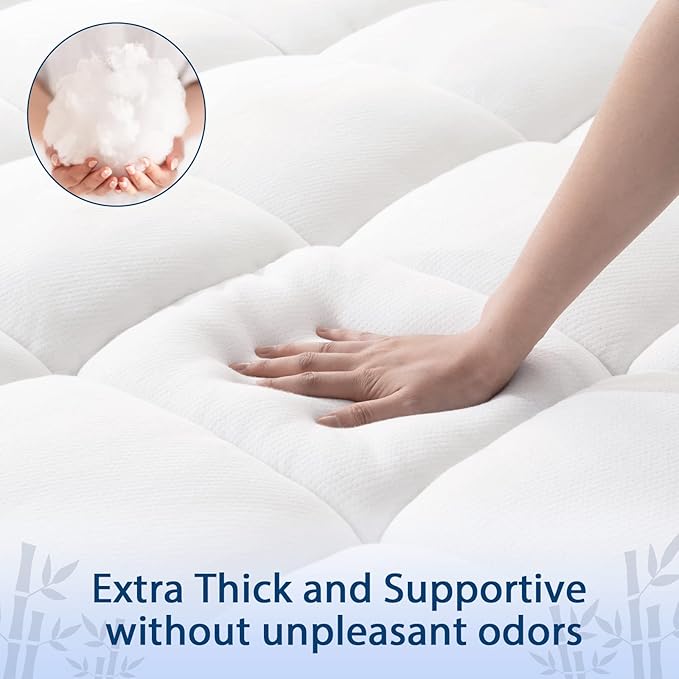 ELEMUSE Full Cooling Bamboo Viscose Mattress Topper for Back Pain, Extra Thick Mattress Pad Cover, Plush Soft Pillowtop with Elastic Deep Pocket, Overfilled Down Alternative Filling
