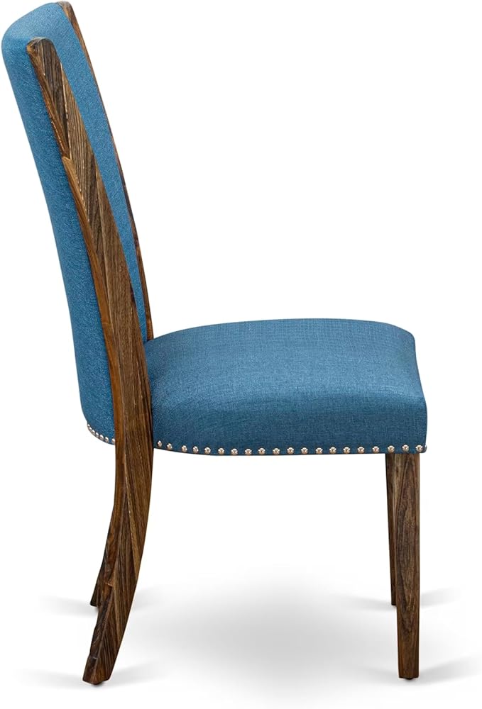 East West Furniture V777VE721-7 7 Piece Dining Room Table Set Consist of a Rectangle Dining Table with V-Legs and 6 Blue Color Linen Fabric Upholstered Chairs, 40x72 Inch, Multi-Color