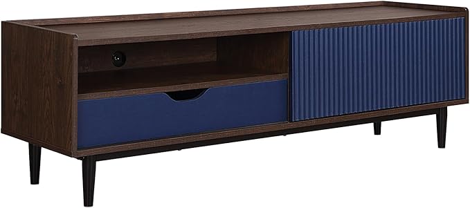 Manhattan Comfort Duane Modern Ribbed 55 Inch TV Stand with 1 Drawer, 2 Shelves, Sliding Door, and Wire Management, Mid-Century Style Entertainment Center and Media Console for Living Room, Navy Blue