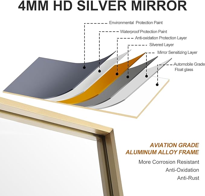 30x36 Inch Gold Bathroom Mirror - Copper-Free Mirror, Aluminum Alloy Frame Vanity Rectangle Wall Mounted Modern Mirror for Bedroom/Living Room/Porch Horizontal or Vertical