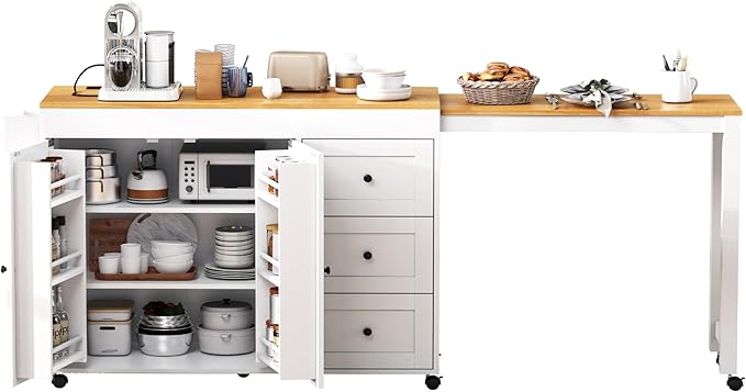Ball & Cast 74.8" Kitchen Island with Extendable Dining Table,Kitchen Storage Cart W/Power Outlet and 3 Drawers,Rolling Kitchen Island on Wheels W/Spice Rack & 2 Door Cabinet,for Kitchen,White