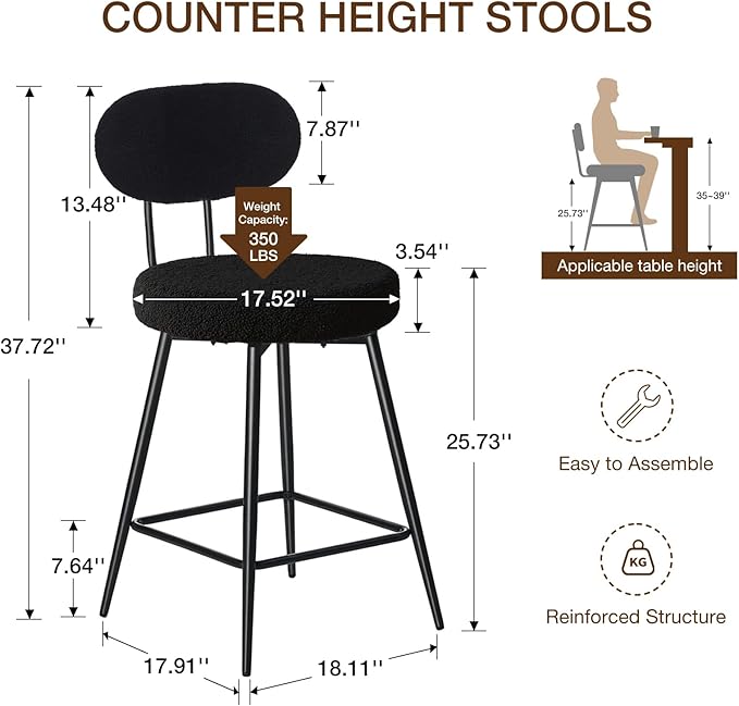 HOMMPA Counter Height Swivel Bar Stools Set of 2 Boucle Barstools 26'' Upholstered Modern Counter Barstools with Back Metal Legs Bar Stools Chairs for Kitchen Counter Island Black