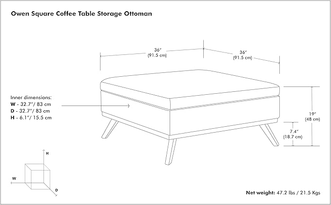 SIMPLIHOME Owen 36 inch Wide Mid Century Modern Square Coffee Table Storage Ottoman in Ebony Tweed Look Fabric, Assembled, for the Living Room, Entryway and Family Room