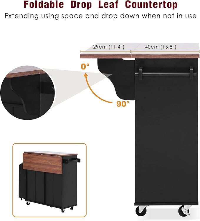 Ball & Cast Farmhouse Kitchen Island with Drop Leaf,Rolling Kitchen Cart on 5 Wheels W/Removable Side Racks and 2 Drawers,Kitchen Storage Cart W/Towel Rack,for Kitchen,Dining Room,Black,47.2"