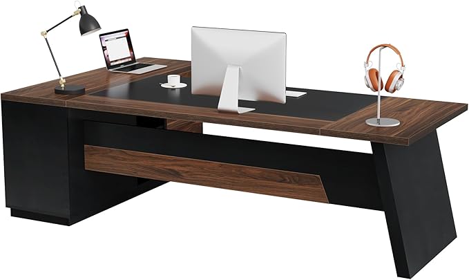 Tribesigns 78" L-Shaped Executive Desk, Large Office Desk with Drawers and Lateral File Cabinet, Business Furniture with Storage Shelves, Modern Computer Desk for Home Office, Walnut & Black