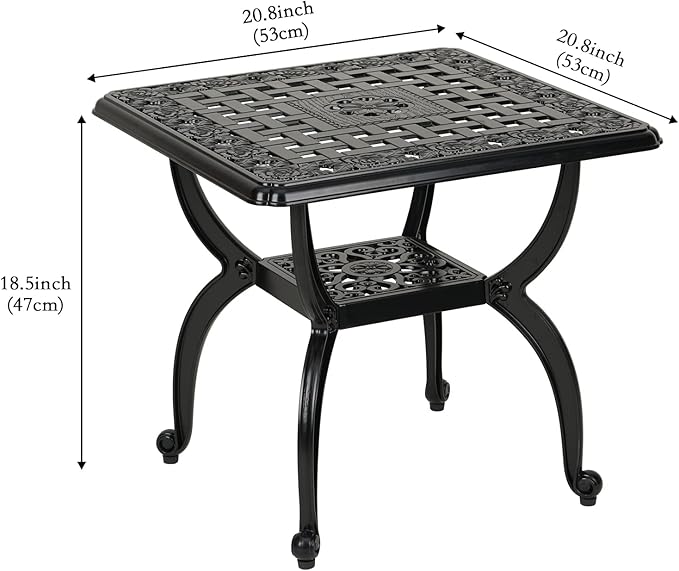 JARDIN DE CENTENNIAL Cast Aluminum Outdoor Side Table,Anti-Rust Outdoor End Table,Patio Coffee Bistro Table for Indoor,Garden,Porch,Balcony(Square Black)