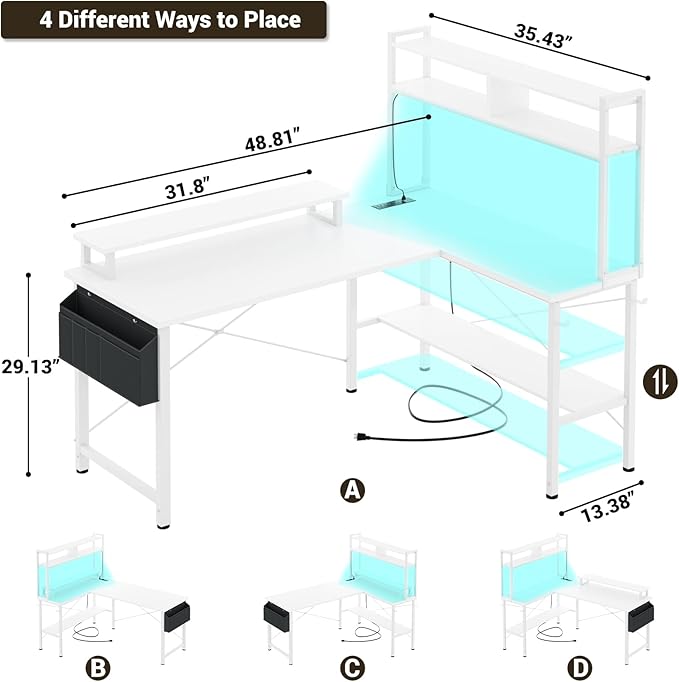 Aheaplus L Shaped Gaming Desk with Power Outlets & LED Lights, Small L- Shaped Desk Computer Corner Desk with Monitor Stand & Storage Shelf, Home Office Desk Writing Desk with Storage Bag, White