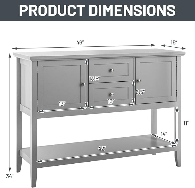 COSTWAY Buffet Sideboard, with 2 Wood Storage Drawers & Open Shelf, Console Table for Living Room Kitchen Dining Room Furniture (Grey)