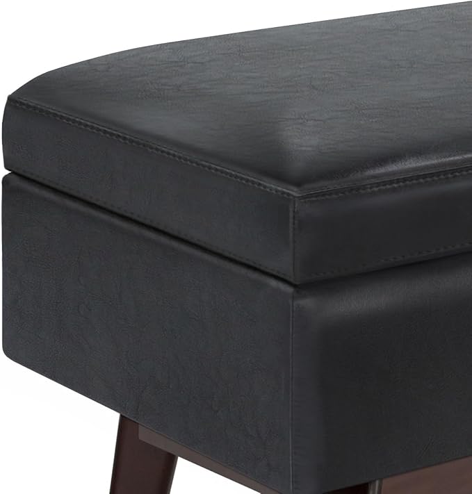 SIMPLIHOME Owen 48 inch Wide Mid Century Modern Rectangle Rectangular Storage Ottoman in Midnight Black Vegan Faux Leather, Assembled, for the Living Room, Entryway and Family Room