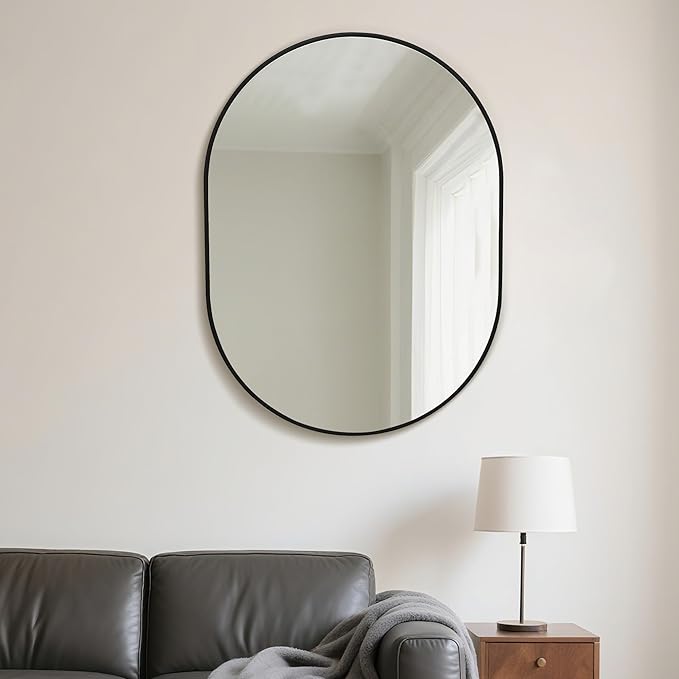 Oval Bathroom Mirror 22x30 Inch, Pill Shape Black Framed Wood Wall Mirrors with Tempered Glass for Modern Bedroom,Entryway or Living Room(Hanging Vertical or Horizontal)
