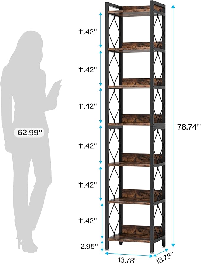 Tribesigns 78.7 Inch Extra Tall Narrow Bookshelf, 7 Tier Skinny Bookcase for Small Spaces, Freestanding Display Shelves, Multifunctional Corner Storage Organizer for Home Office, Rustic Brown