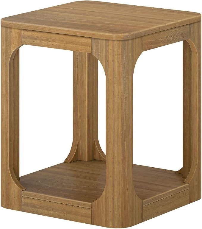 Plank+Beam Modern Rounded Square Side Table with Shelf, Solid Wood End Table for Living Room, 20in, Pecan