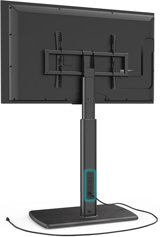 FITUEYES Tall TV Floor Stand with Power Outlet for Bedroom, Living Room, Swivel Floor Standing Corner TV Stand with Wood Base for 32 to 65 70 inch TV, Black