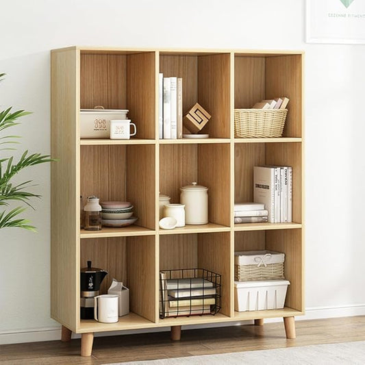 IOTXY Open Cube Low Bookcase - 3-Tier Freestanding Storage Display Cabinet Organizer with Legs for Home Office, 9-Cubes Open Shelf Short Bookshelf, Oak