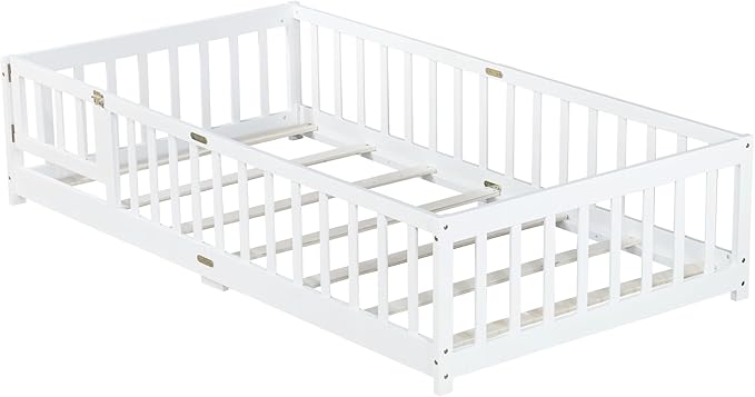 Twin Floor Bed Frame with Slats and Safety Guardrail, Wood Twin Size Montessori Floor Bed with Door and Fence, Easy Assemble Montessori Beds for Kids, Girls, Boys, White