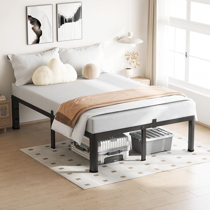 18 Inch California King Bed Frame, 3500Lbs Heavy Duty Metal Platform with Round Corner Legs Mattress Slide Stopper, Steel Slat Support No Box Spring Needed, Noise Free, Non-Slip, Easy Assembly