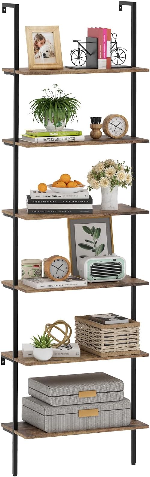 Bookcase Rustic Brown 6 Tiers Modern Bookshelf Room Organizer Open Tall Wall Mount Bookcase Standing Leaning Wall Shelves Industrial Decorative Living Room Bed Room (Rustic Brown)