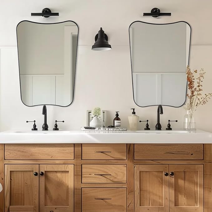 Black Bathroom Mirror, Black Vanity Mirror, 22x30 Irregular Shaped Mirror for Wall, Anti-Rust Metal Framed Wavy Mirror