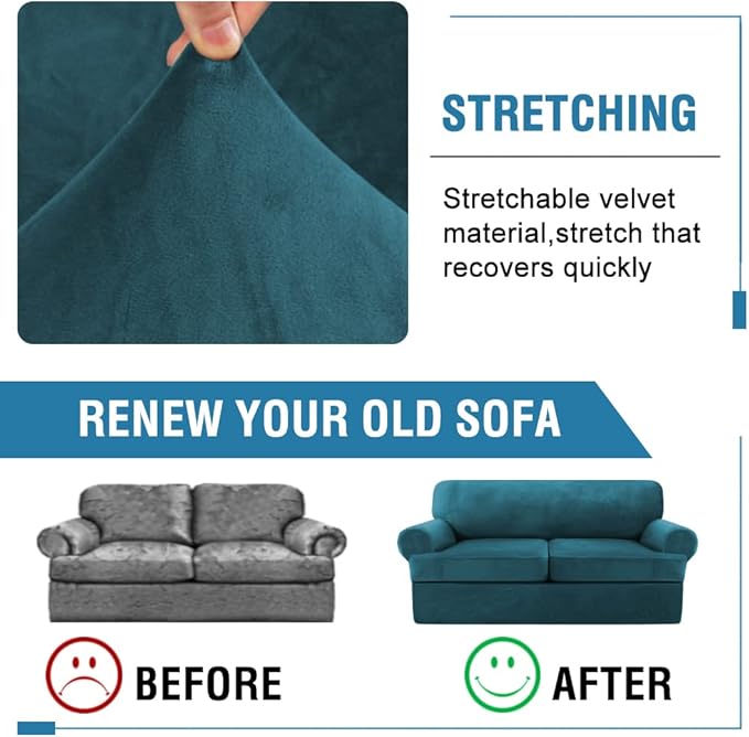 H.VERSAILTEX Sofa Cover 3 Piece T Cushion Loveseat Slipcovers Thick Velvet Couch Cover Furniture Protector Stretch T Cushion Sofa Covers for 2 Cushion Couch with 2 T Cushion Covers Washable, Deep Teal