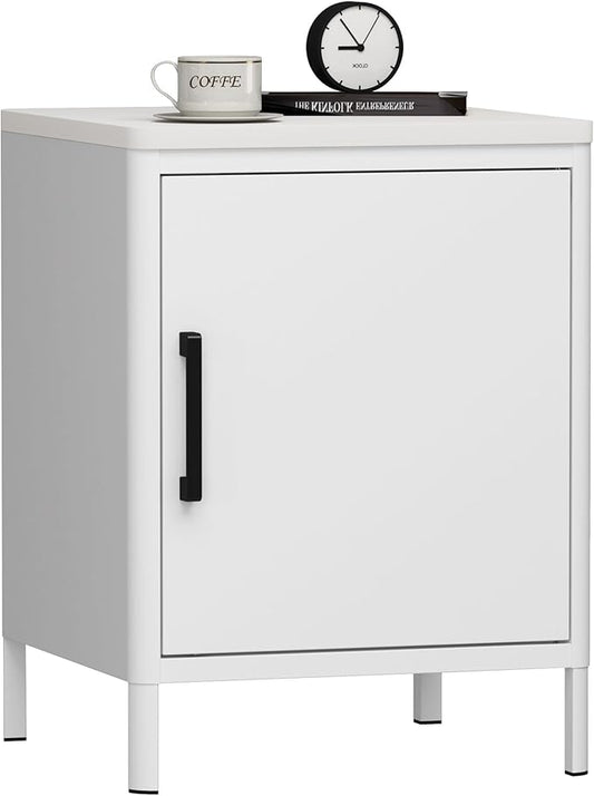 Nightstand with 1 Door, Metal Side Table with Wooden top for Bedroom, Living Room and Dorm 15.75 x 15.67 x 21.26 Inches (1 Door, Cream)