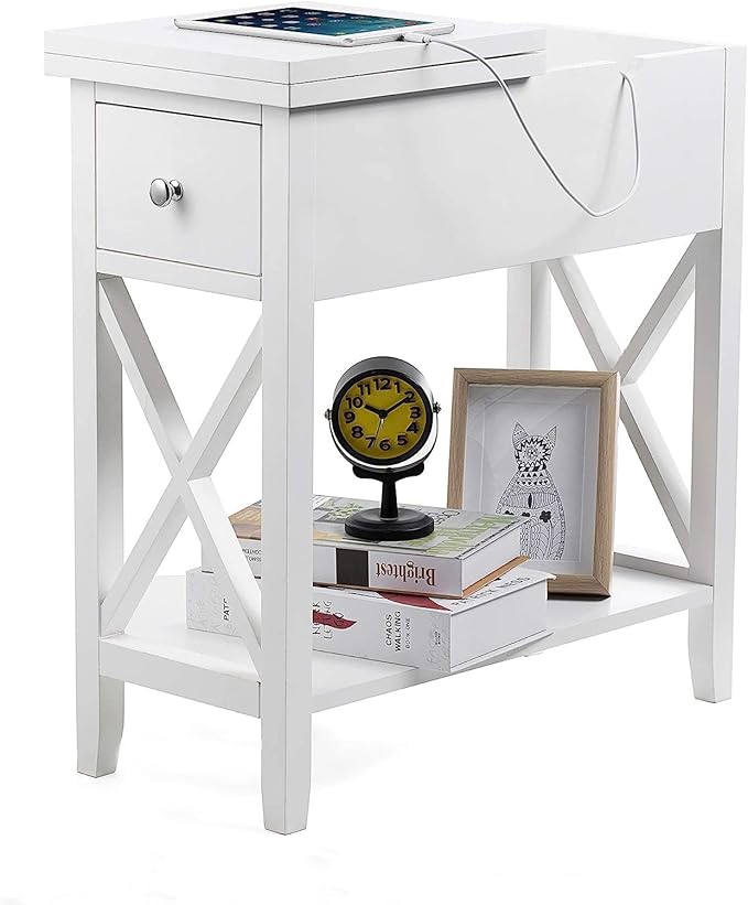 ChooChoo End Table, MDF Material Flip Top Narrow End Table with Drawer, Accent Small Side Table Nightstand for Living Room, Bedroom, and Small Spaces - White