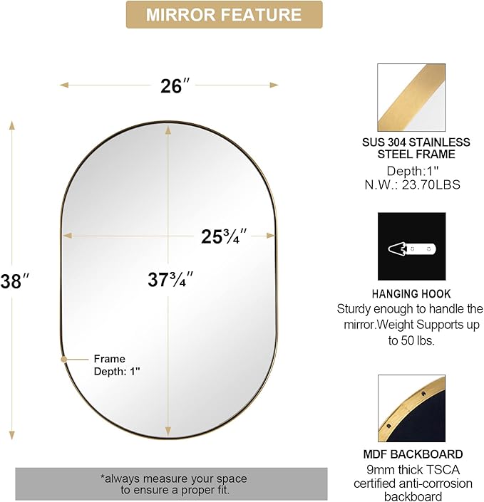 ANDY STAR Oval Mirrors for Bathroom, 26x38 Inch Gold Oval Mirror, Oval Brass Mirror Pill Shaped Stainless Steel 1’’ Deep Metal Frame Mirror Hang Vertically & Horizontally Ideal for Limited Space
