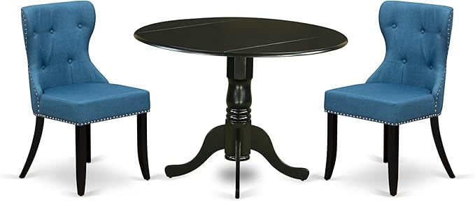 East West Furniture DLSI3-BLK-21 3 Piece Dining Table Set for Small Spaces Contains a Round Dining Room Table with Dropleaf and 2 Blue Linen Fabric Parsons Chairs, 42x42 Inch, Black