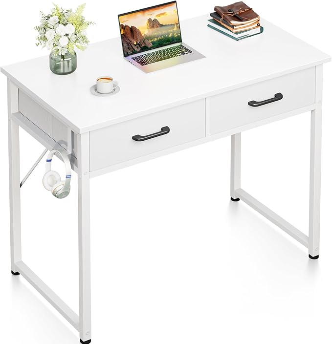 Casaottima 32 Inch Small Office Computer Desk with 2 Drawers & Headphone Hook - Compact Writing Desk for Home Office, Study or Work, Modern Space-Saving Design for Small Spaces, White