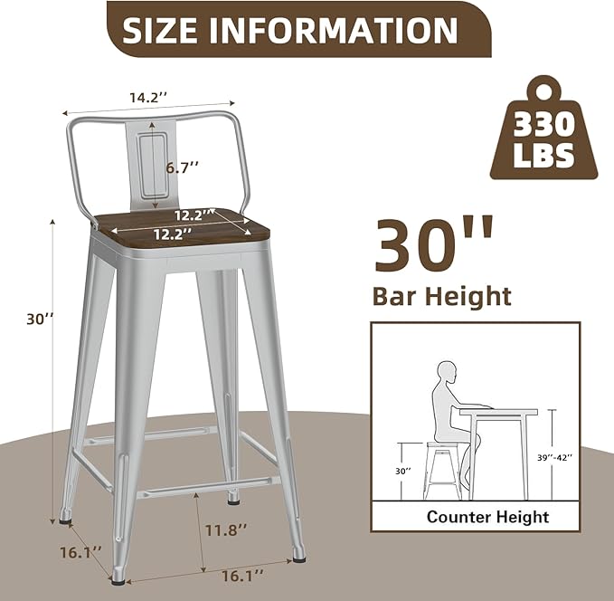 30 Inch Swivel Bar Stools Set of 4, Counter Height Bar Stools with Low Back, Metal Industrial Bar Chairs for Kitchen Island (Silver)