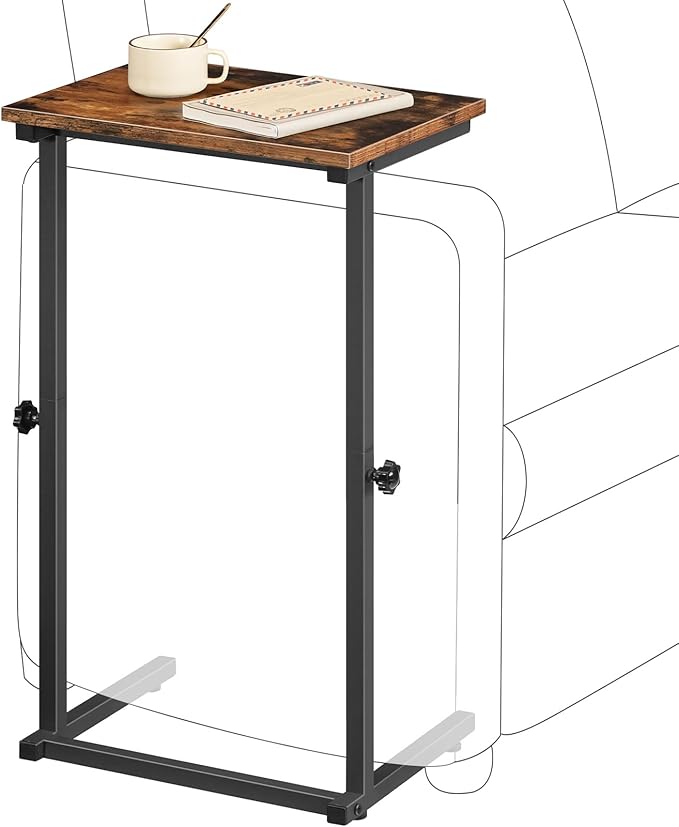HOOBRO C Shaped End Table, Adjustable Height Side Table for Sofa, Couch Table for Small Space, Slide Under Small Tray Side Table for Living Room, Bedroom, Rustic Brown and Black BF71SF01