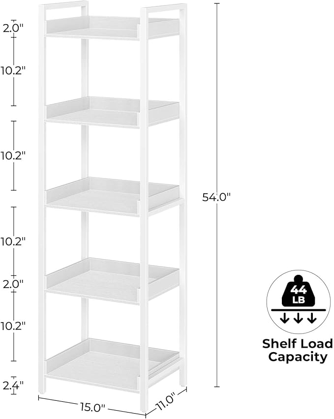 Rolanstar Bookshelf, 5-Tier Storage Rack, Narrow Corner Bookshelf, Display Wooden Shelves for Living Room, Bathroom, Balcony, Kitchen,White