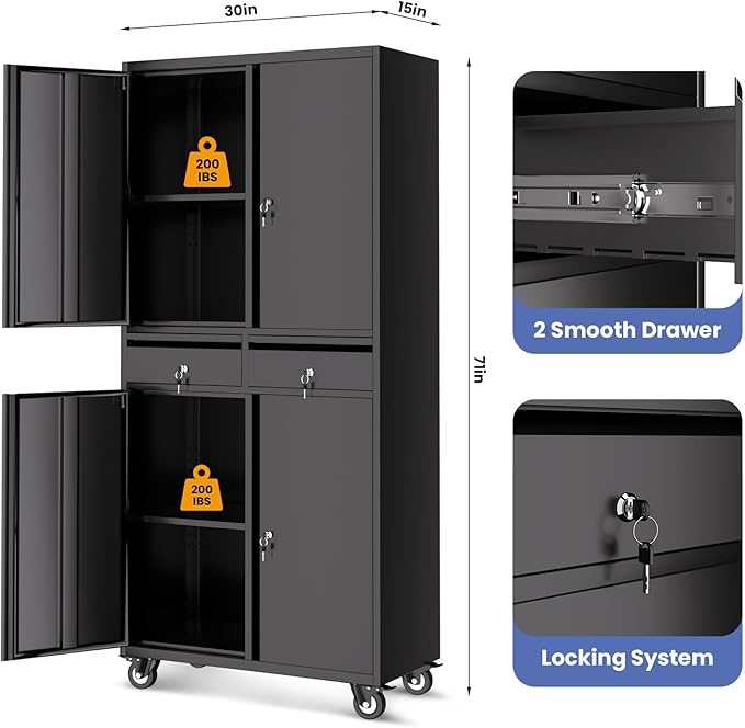 Garvee Metal Storage Cabinet, 73 Inch Garage Storage with Locking Doors and Adjustable Shelves, Heavy Duty Tool Cabinet with 2 Drawers