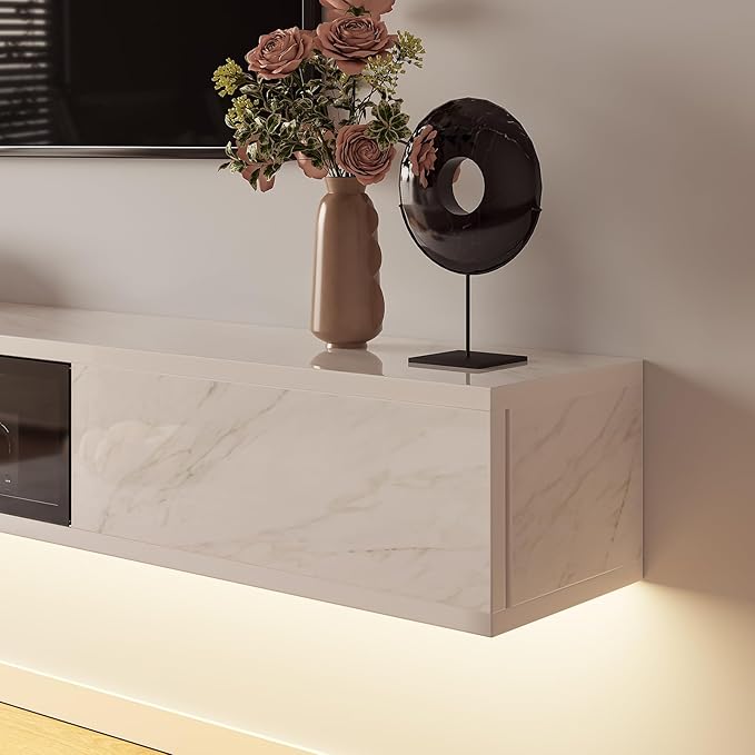 High Gloss Floating TV Stand,70'' Wall Mounted TV Console,Under TV Floating Shelf,Floating TV Cabinet with 3 Doors for Bedroom Living Room(White)