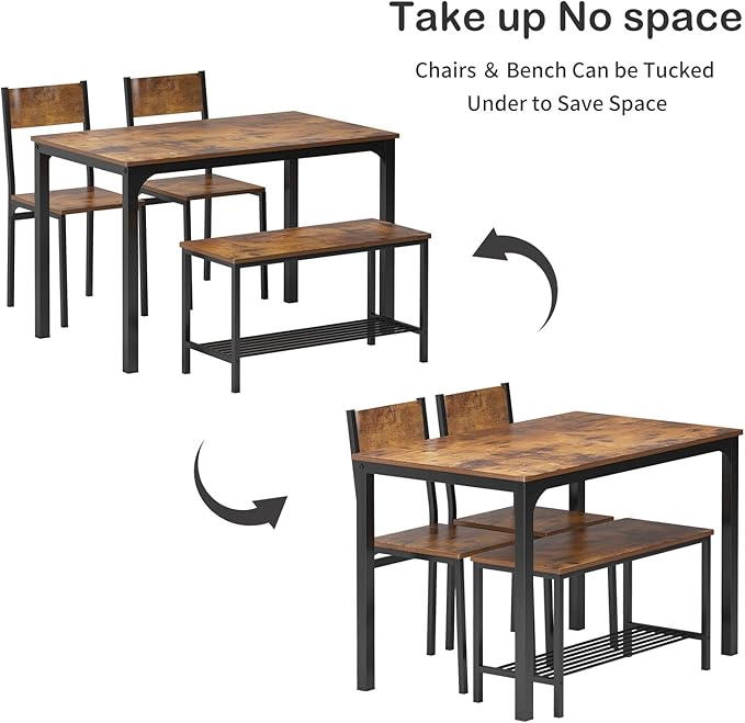 4-Piece Dining Table Set with Bench - 4 Person Kitchen Table and 2 Chairs for Small Spaces, Apartment - Metal Frame & Woodgrain Tabletop, Space-Saving Design, Durable & Easy to Clean, Rustic Brown