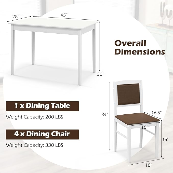Giantex 5-Piece Dining Table Set for 4 - Breakfast Nook Table Set with Kitchen Table, 4 Upholstered Chairs, Wood Legs, Space-Saving Dinette Set, Kitchen Table Chairs Set of 4 (White+Brown)