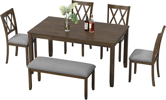 6-Piece Solid Wood Dining Table Set, Dining Table & Chair Set for 6, Including 1 Dining Table, 4 Upholstered Chairs and 1 Bench, Dining Table Set for Dining Room & Kitchen, Walnut