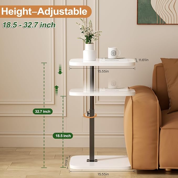 Adjustable Side Table TV Tray, C Shaped End Table, Small Bedside Table, Mid Century Modern Accent Nightstand for Living Room, Bedroom, Corners and Office (White)