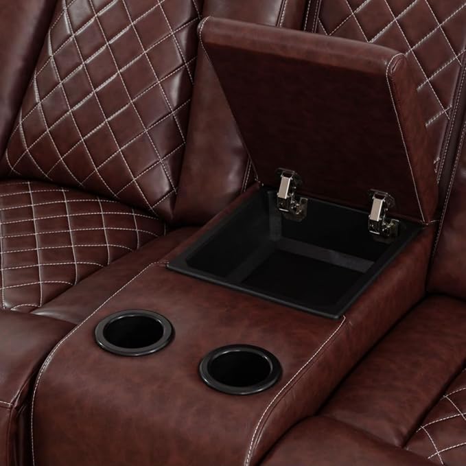 Electric Power Recliner Loveseat Set Living Room Furniture, Comfy Home Theater Breathing Leather Seating with USB 2.0 Charging Ports, LED Light Strips, Mid Console and Cupholders (Red)